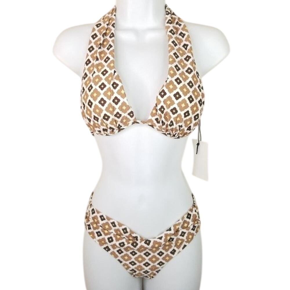 Women Brown Tan Mod Print Cheeky Bikini Swimsuit S Multi Wear Neutral Boho NEW
